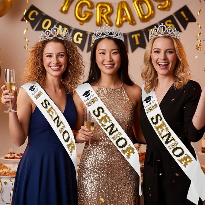 Janinka 6 Pcs Senior Sash 2026 Graduation Satin Sash with Glitter Letter Silver Crown Tiaras Cheer 2026 Gifts for Graduation Party Cheerleader Prom Photos Celebration(Black)