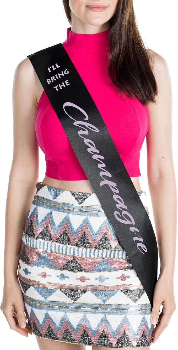 Funky Junque Funny Bachelorette Sashes for Bridal Party Light Pink Satin Bridal Sash Bachelorette Decorations Black, I'll Bring The Champagne