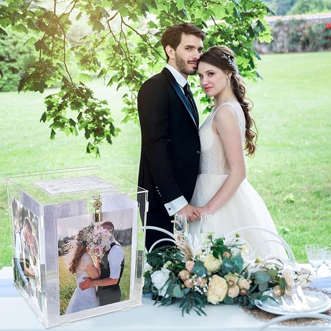 Acrylic Wedding Card Box with Picture Frame, Clear Gift Card Box for Wedding Reception, Large Rotatable Money Envelope Card Box Holder with Lock for Graduation Party Birthday Baby Shower