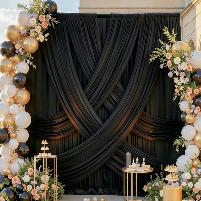 10x15 ft Black Backdrop Curtain Panels for Wedding Parties, Wrinkle Free Silky Polyester Photo Backdrop Drapes 2 Panels 15 ft Long Back Drop Cloth Drapety for Birthday Photography Background Curtain