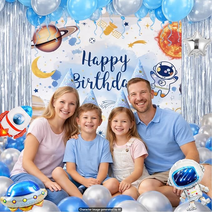 72Pcs Space Themed Party Decorations, Space Birthday Decor Set | Backdrop, foil balloons, rain curtains, tablecloth, toppers & pull-back vehicles