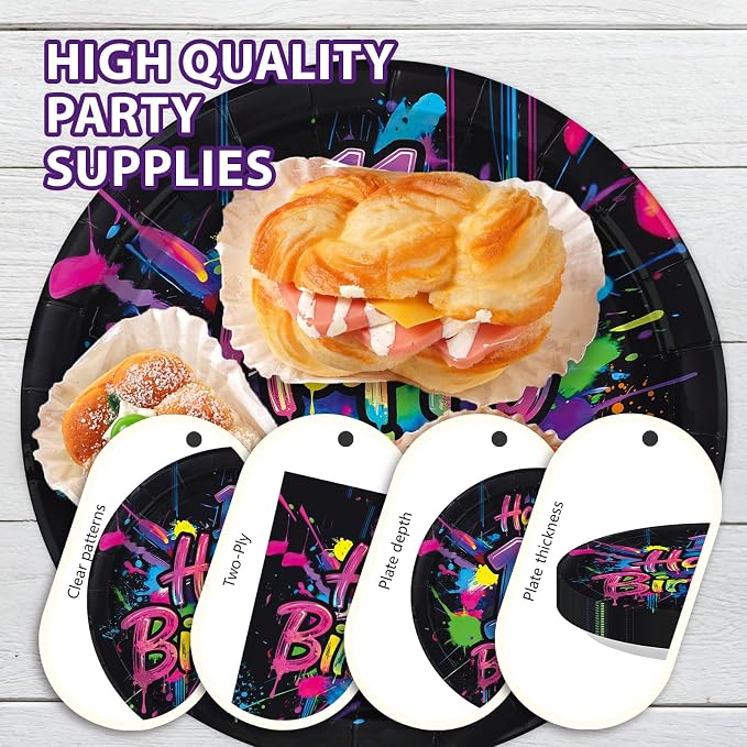 96 Pcs Neon Graffiti 11th Birthday Party Supplies Colorful Paint Splatter Plates and Napkins Neon Splatter Tableware Set for Boys Girls Birthday Retro Paint Party Supplies, Serves 24