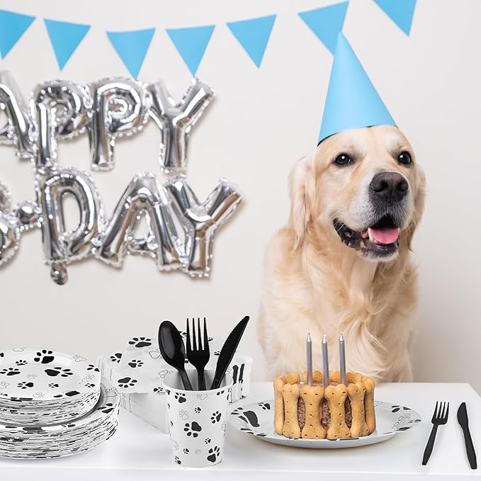 Kochorie 400 Pieces Black Paw Disposable Party Tableware Sets Dog Puppy Supplies Including Plates Cups Napkins Cutlery Serves 50 for Birthday Puppy Theme Party Decorations