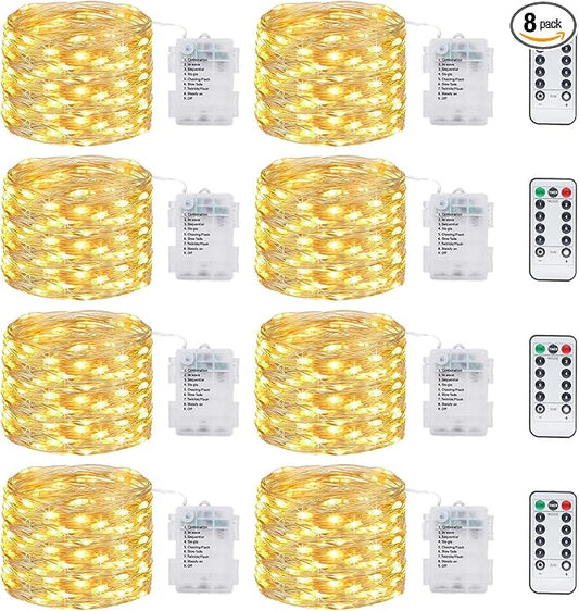 8 Pack Fairy Lights Battery Operated with Remote, Each 39Ft 120LED Battery Powered String Lights with Timer, 8 Modes Waterproof Twinkle Christmas Lights for Bedroom Party Indoor Mason, Warm White