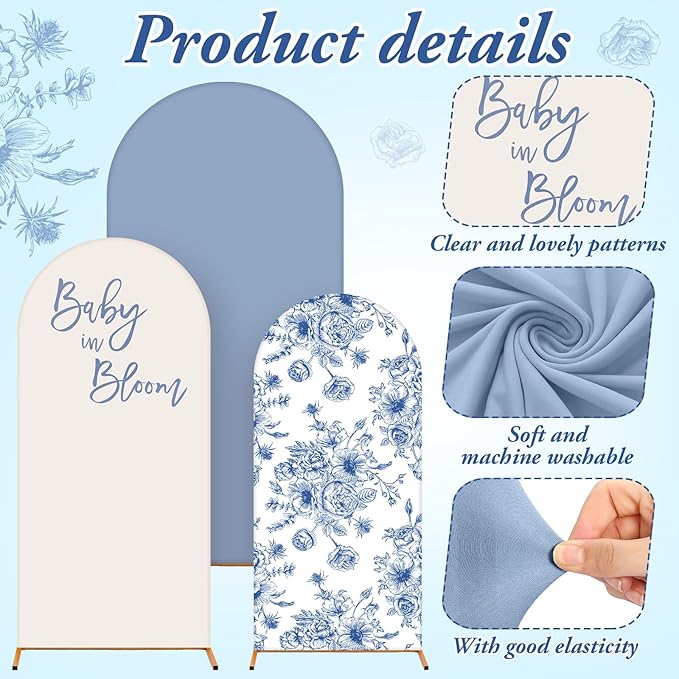 Foilswirl Baby in Bloom Balloon Arch Kit 34 Pcs Blue Baby Shower Party Decorations 4ft 5ft 6ft Blue and White Floral Spandex Arch Backdrop Cover with Balloons for Shower Decor