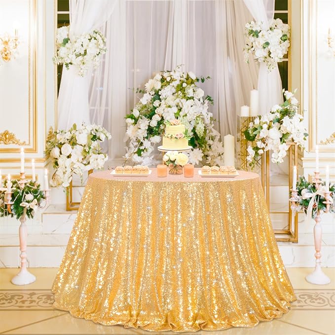 B-COOL Gold Sequin Tablecloth Party Decorations: 90 Inch Round Table Cloth Sequins Fabric Overlay for Indoor Outdoor Dining Parties