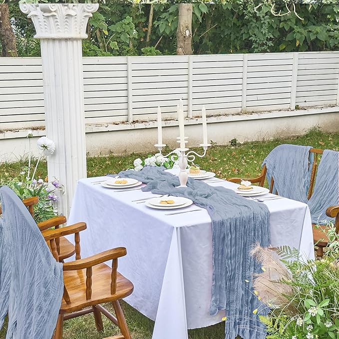 IVAPUPU 4 Pcs Cheesecloth Table Runner - 10ft Dusty Blue Spring Boho Gauze Cheese Cloth Table Runners for Baby Shower Decoration Wedding Party Garden Farmhouse
