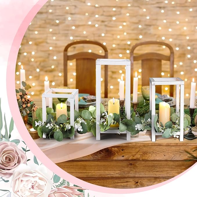 Geelin 12 Set Wooden Wedding Lantern Centerpiece Decor Baptism Lantern Candle Holder for Table Centerpiece Wedding Party Baby Shower Home Country Porch Patio Decor(7.87'', 10.59'', 12.99'',White)