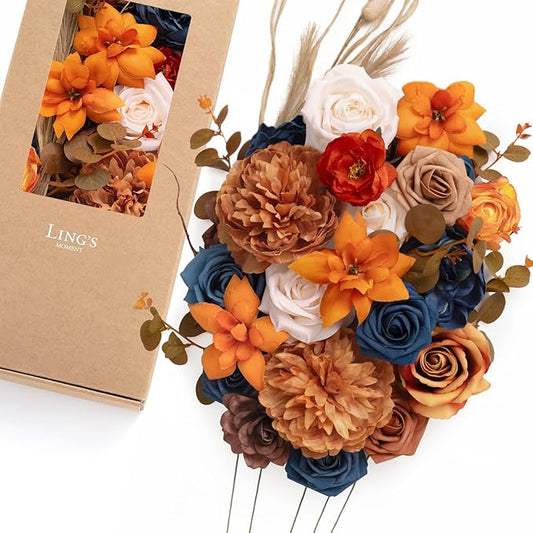 Ling's moment Fake Flowers Box, Faux Artificial Greenery Stems Foam Roses Gardenia Peony Silk Eucalyptus Pampas Fabic Flower for Centerpieces Bouquet Wedding Vase, Orange & Navy, Deluxe Combo