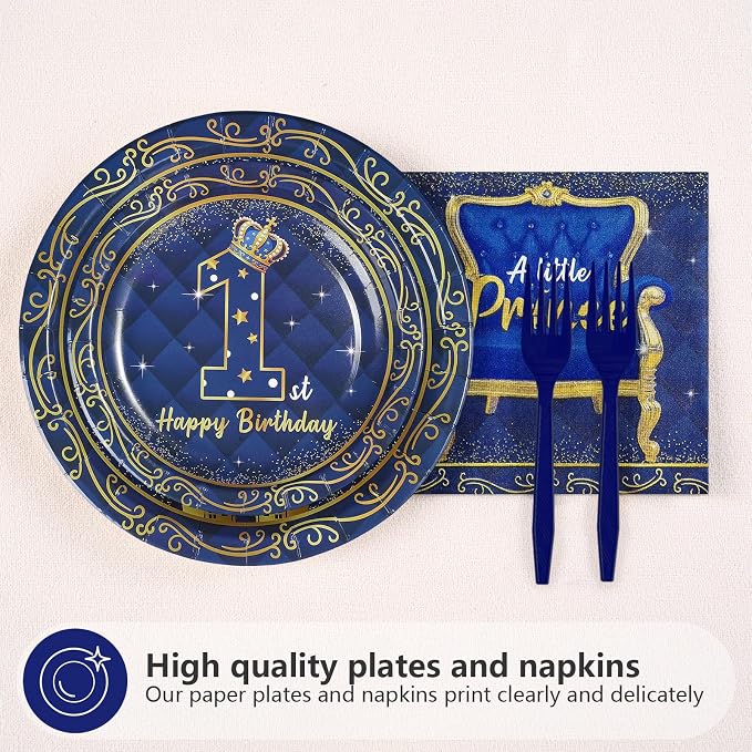 96Pcs Royal Prince 1st Birthday Party Decorations Blue Gold Baby Boy Plates and Napkins Blue Gold Little Prince Tableware Set for Boys 1st Birthday Baby Shower Party Supplies Serves 24