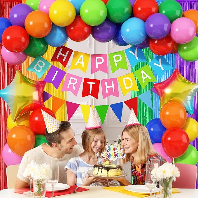 Jobkoo Rainbow Birthday Decorations for Kids, Colorful Party Decor Assorted Color Latex Foil Balloons Fringe Backdrop Happy Birthday Banner Cake Toppers for Boys Girls Carnival Circus Party Supplies