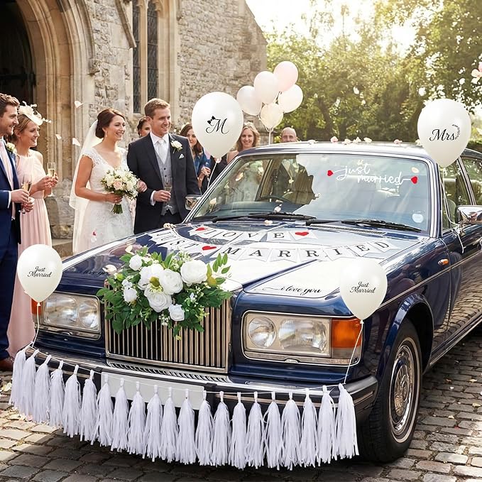 10 Pcs Upgraded Just Married Car Decoration Kit – Elegant Flower Garland Wedding Car Decor with Banners, Tassel & Sticker, Mr & Mrs Balloons, Romantic Accessories for Ceremony, Party & Bridal Shower