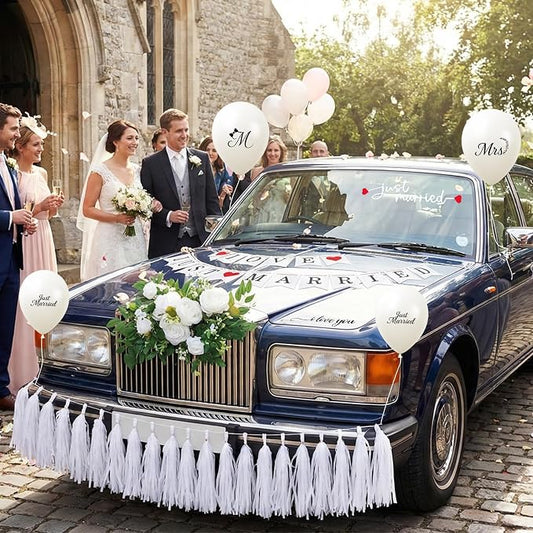 10 Pcs Upgraded Just Married Car Decoration Kit – Elegant Flower Garland Wedding Car Decor with Banners, Tassel & Sticker, Mr & Mrs Balloons, Romantic Accessories for Ceremony, Party & Bridal Shower