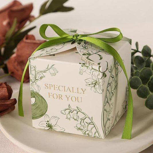 Yoption 50pcs Lily of the Valley Party Favor Boxes, 2.75 x 2.75 x 2.75 Inch Green Candy Boxes with Ribbons for Wedding Bridal Baby Shower Birthday Party Decorations