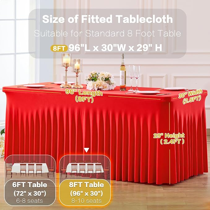gogoparti 2 Pack Spandex Red Fitted Table Cloth for 8ft Rectangle Tables Red Stretch Tablecloth Table Covers Skirt Banquet Wrinkle Free Tablecloths for Parties Wedding