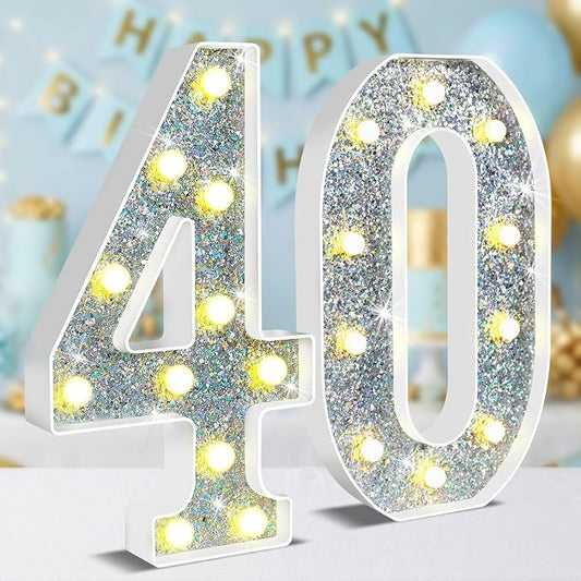 12.6 Inch LED Silver Marquee Light Up Numbers, 40th Birthday Decorations Number Lights as Gifts for Women Men, Glitter Lighted Marquee Numbers for Silver Anniversary Party Table Decor, 40