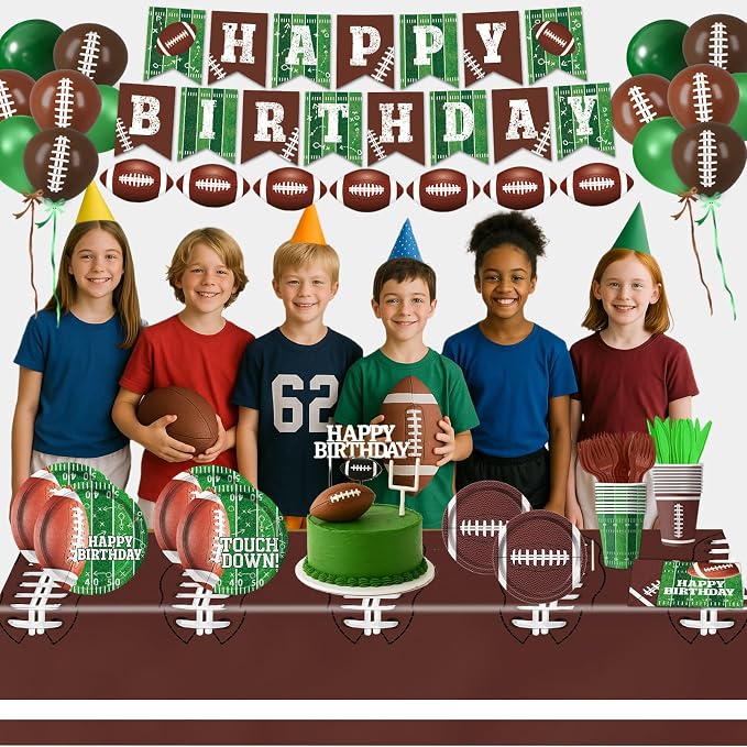 Football Birthday Party Decorations Includes Plates, Napkins, Cups, Banner, Balloons, Touchdown Tablecloth for Football Birthday & Tailgate Party Decorations, Serves 24