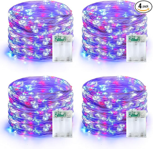 YEGOU 4 Pack Red White and Blue Fairy Lights Battery Operated - 16ft 50 LED 4th of July Twinkle Lights for Independence Day Patio Yard Tree Decorations
