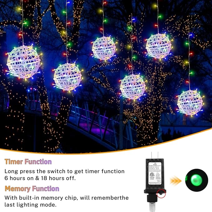 Outdoor Christmas Balls Lights 4 Pack Hanging 7.1" LED Garden Sphere Tree Lights 8 Modes Waterproof Glow Globe Lights with Memory Timer Plug for Yard Porch Eave Patio Home Indoor Decoration-Multicolor