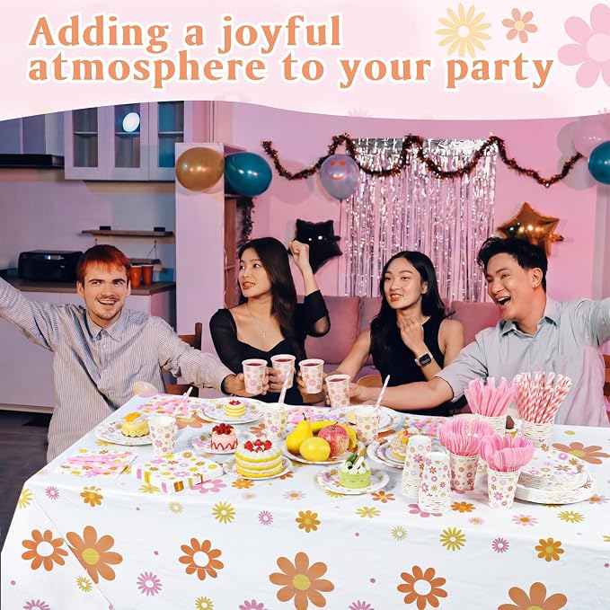Funnymoom 452 Pcs Groovy Daisy Party Decorations for 50 Guest, Boho Daisy Paper Plates Cups Napkins Tablecloth Cutlery Straws Hippie Tableware Set for Retro Hippie Birthday Baby Shower Party Supplies