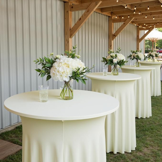 4 pk Ivory Cocktail Table Cloth Round 32×43in-High Top Highboy Bar Cocktail Tablecloths-Wrinkle Free Stretchy Fitted Spandex Table Covers with Ruffle Desk Skirt for Wedding Banquet Party Tables