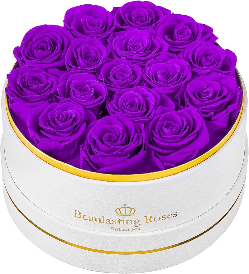 16 Preserved Roses Forever Flowers Real Roses in a Box Mother's Day Birthday Flowers for Her Mom Women Wife Valentine's Day, Purple Roses