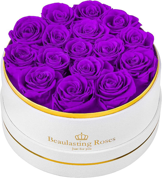16 Preserved Roses Forever Flowers Real Roses in a Box Mother's Day Birthday Flowers for Her Mom Women Wife Valentine's Day, Purple Roses