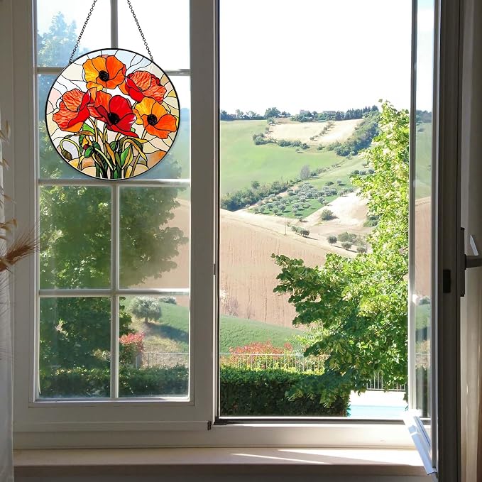 California Poppy Forest Sun Catcher 6'' Stained Glass Window Hanging Flower Lover Gifts for Women Red Poppy Kitchen Decor Suncatcher Decoration for Home Garden Housewarming Gifts