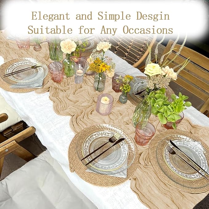 6 Pack Beige Cheesecloth Table Runner 20 x 120 inch Gauze Table Runners 10 FT Long,Semi Sheer Boho Cheese Cloth Fabric Table Runner Bulk for Party,Wedding,Baby Shower,Bridal Shower Decoration