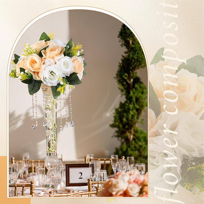 Hotop 12 Pcs Artificial Rose Flower Balls for Centerpieces, Silk Roses Kissing Balls Romantic Faux Floral Arrangements for Engagement Wedding Home Decor (Champagne,White)