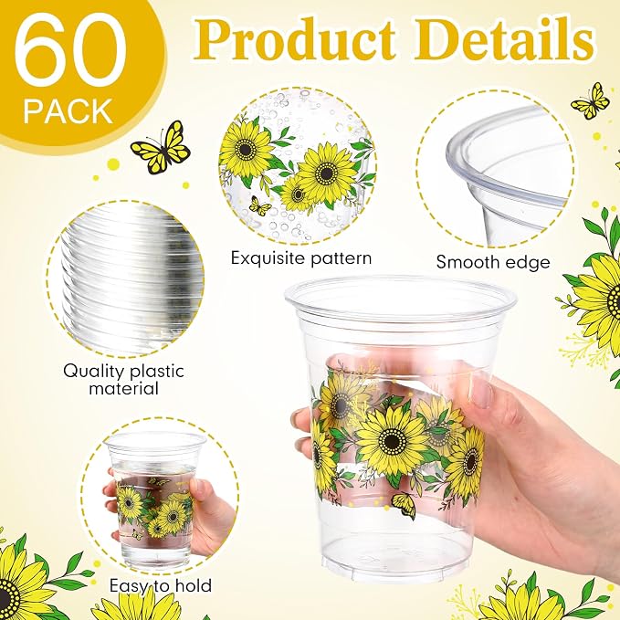 Hushee Sunflowers 60 Pcs Party Cups 16 oz Plastic Disposable Drinking Cups for Birthday Love Baby in Bloom Baby Shower Summer Fresh off The Market Bridal Shower Decorations Supplies