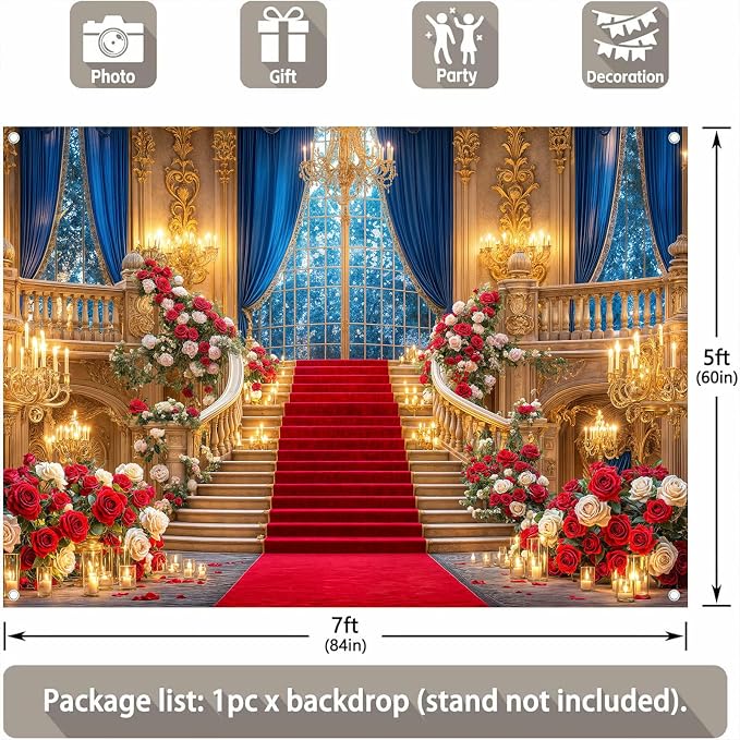 6 x 4 ft Palace Backdrop for Photography, Floral Rose Golden Vintage European Castle Hall Photo Background Luxurious Hotel Chandelier Ballroom Backdrop Wedding Birthday Party Video Party Decorations