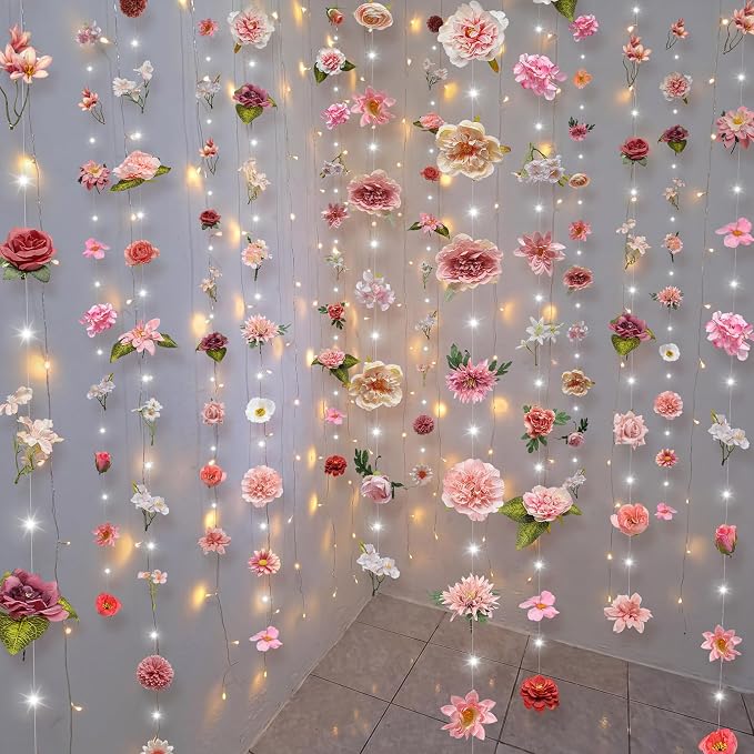 Suncalla 6 Pack 35.4ft Fake Flower Garland Backdrop with LED Lights Hanging Wildflower Floral Vine Decorations for Wedding Bridal Shower Birthday Baby Shower Party Backdrop(Fresh,Pink)