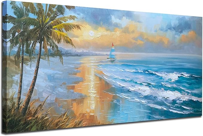 Enartly 3D Textured Seascape Wall Art for Living Room, Ocean Nature Coconut Tree Landscape Canvas Painting Artwork Framed Bedroom Bathroom Hallway Home Office Wall Decor, 58"x29"