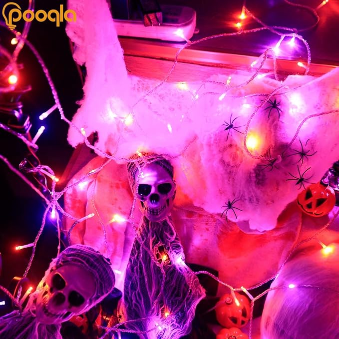Pooqla 2 Pack Halloween String Lights Battery Operated, Total 66.6ft 200 LED Fairy Lights Indoor Outdoor Decorations, 8 Modes Orange Purple Battery Lights for Porch Party Halloween Decorations