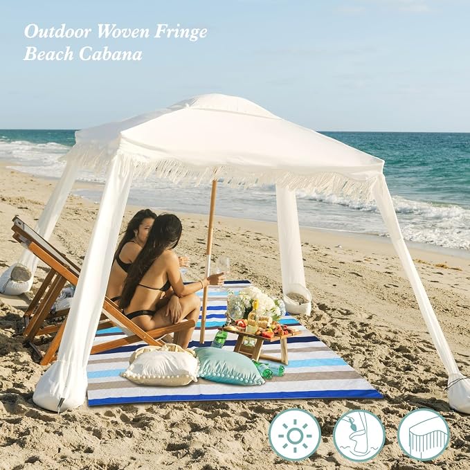 AMMSUN Beach Cabana with Blanket, 7' x 7' Boho Canopy with Tassels, Premium Wood Pole, Fringe Cabana Tent with Sand Pockets, Instant Sun Shade for Sand, Garden, Outdoor, Elegant White