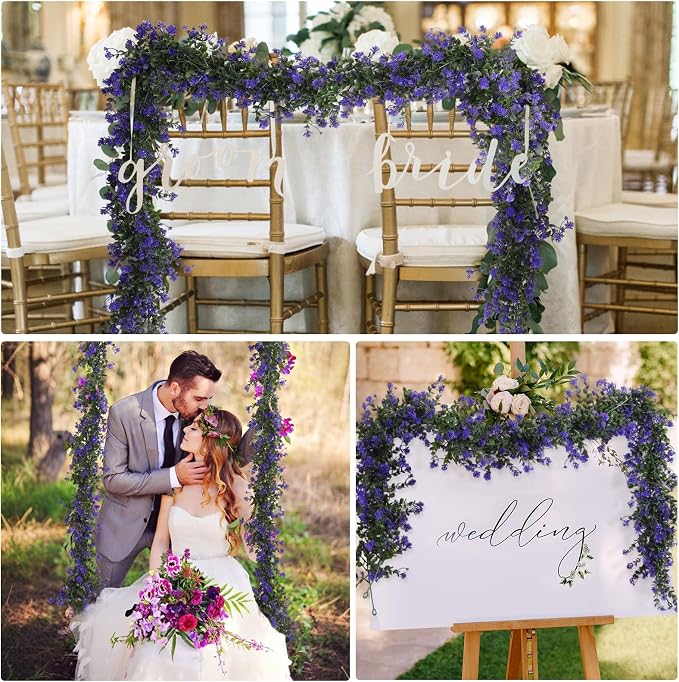 RECUTMS Fake Hanging Eucalyptus Garlands Artificial Vines Plants Eucalyptus Leaves with Flowers Greenery Spring Floral Garland for Home Wedding Wall Arch Party Decoration(Purple)
