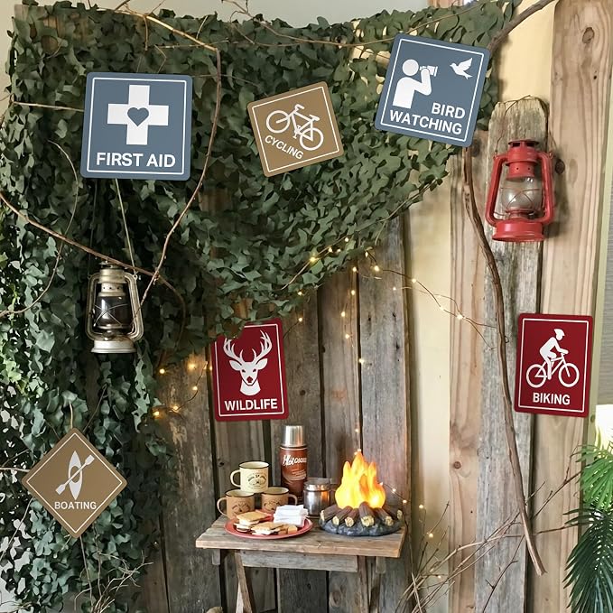 Bucherry Camping Party Backdrop Decoration Set 10 x 13 ft Camo Netting with 9 Camping Sign Cutouts Happy Camper Birthday Party Supplies Outdoor Adventure Photo Booth Wall Decor for Camp Theme Activity