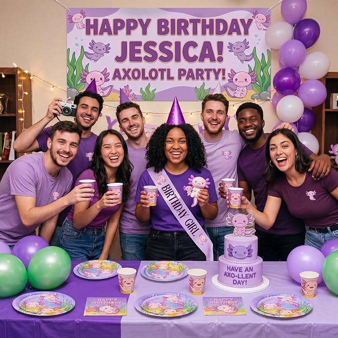 Pickmesh 250 Pcs Axolotl Birthday Disposable Tableware Set Reptile Animals Plates Napkins Cups Cutlery Purple Pink Cartoon Axolotl Birthday Party Supplies Favors for Baby Shower, Serve 50 Guest