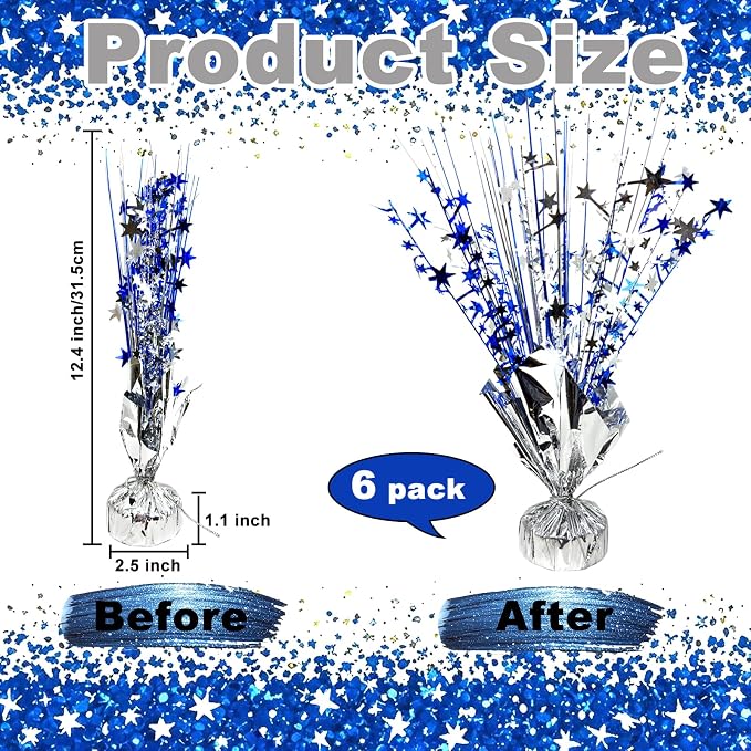 6 Pack Metallic Foil Spray Table Centerpiece Decoration Star Brust Glitter Table Topper Decor for Birthday Graduation Holiday Christmas New Year's Eve Celebration Party Supplies Blue Silver