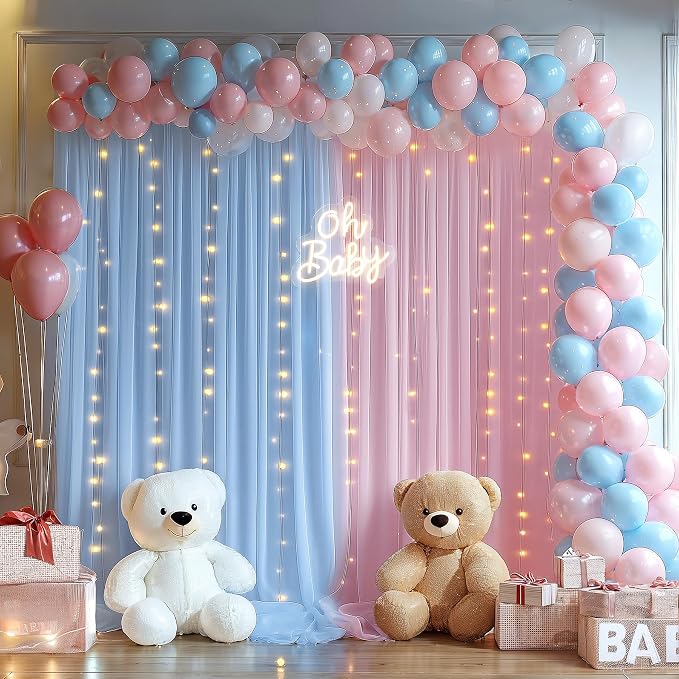 10x10ft Baby Pink Blue Tulle Backdrop Curtain with Lights String for Parites, Sheer Photo Backdrop Drapes with Lights for Wedding Backdrop Ceremony Reception Bridal Shower Baby Shower Birthday Party