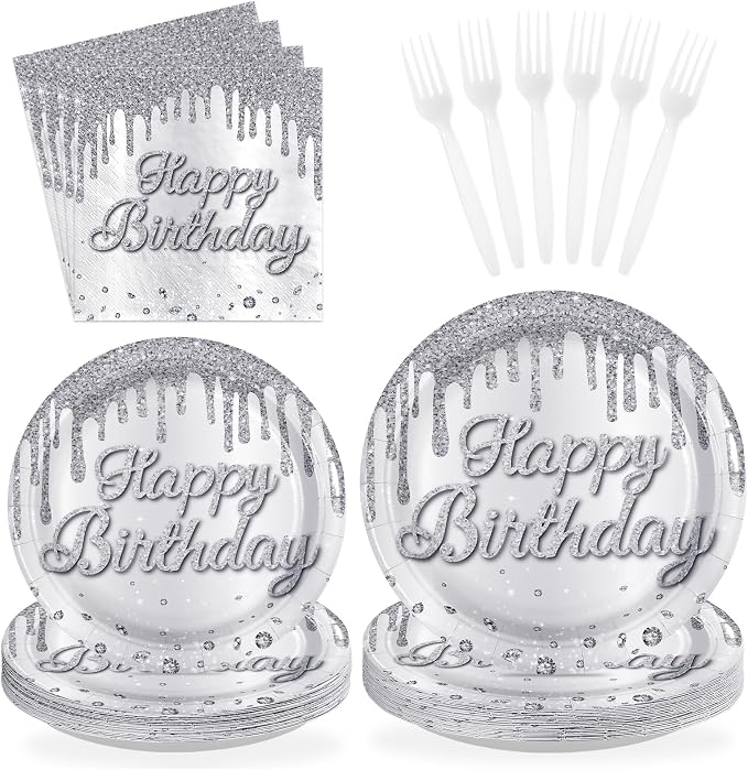 96 Pcs Silver Glitter Party Supplies Silver Plates and Napkins Glitter Diamonds Theme Birthday Decorations for Denim and Diamonds Wedding Silvers Birthday Party Decorations Serves 24