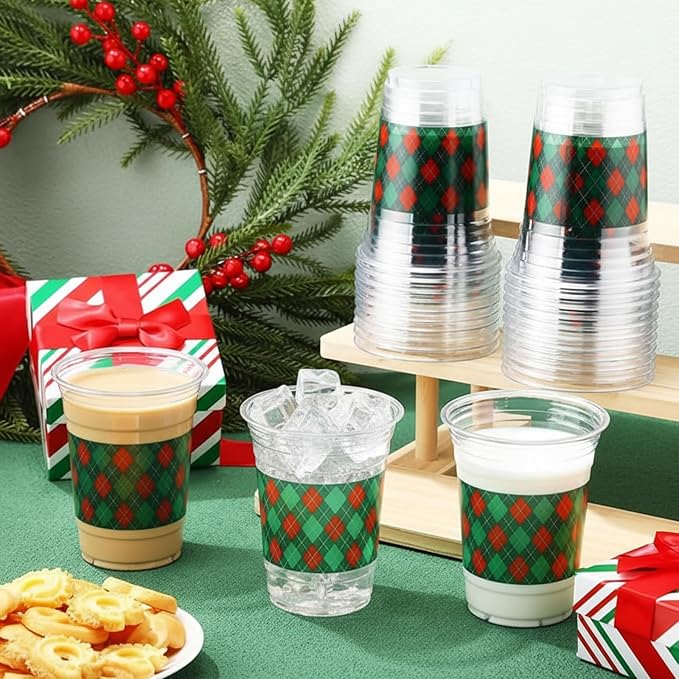 100 Pack Red and Green Plaid Plastic Cups 16 oz Disposable Checkered Spring Party Cups Bulk for Picnic Rustic Birthday Party Baby Shower Supplies