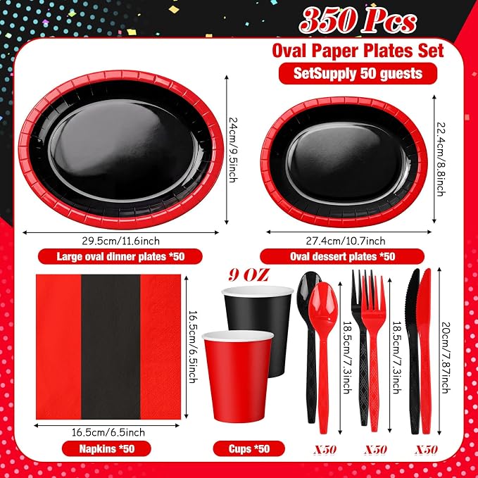 Pajean 350 Pcs Red and Black Party Decorations 12 in Disposable Oval Plates and Napkins Black and Red Heavy Duty Paper Tableware Set for 50 Guests Birthday Baby Shower Wedding Fiesta Party Supplies