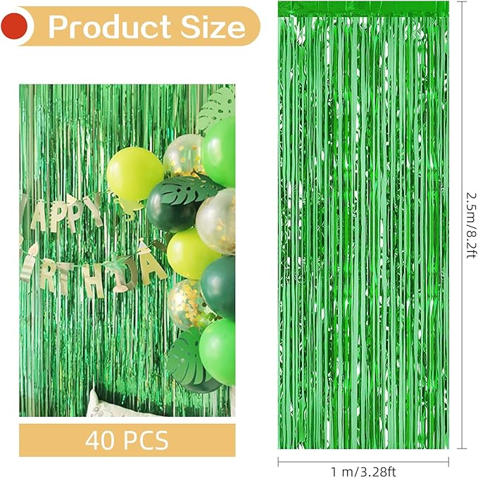 40 Pack Green Foil Curtain Backdrop Metallic Tinsel Foil Fringe Curtains Photo Booth Props for Birthday Party Decoration Christmas Holiday Halloween New Year Party Supply, Green