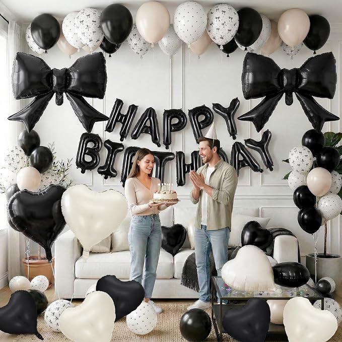 Black White Bow Birthday Decorations Black Sand White Cream Pearl Polka Dot Bows Print Balloon Happy Birthday Banner 38 In Coquette Foil Balloons Heart Balloon for Women Men Bday Party Supplies