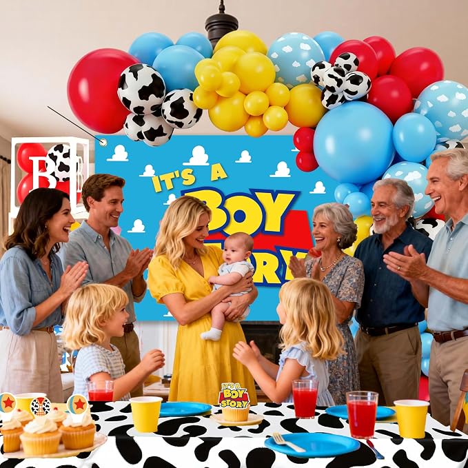 96Pcs Cartoon Toy Theme Baby Shower Decorations for Boy, Cowboy & Space Style Party Supplies with 4 Baby Boxes, Cow Cloud Pattern Balloons, Rocket Foil Balloon & Backdrop for Blue Yellow Red Decor