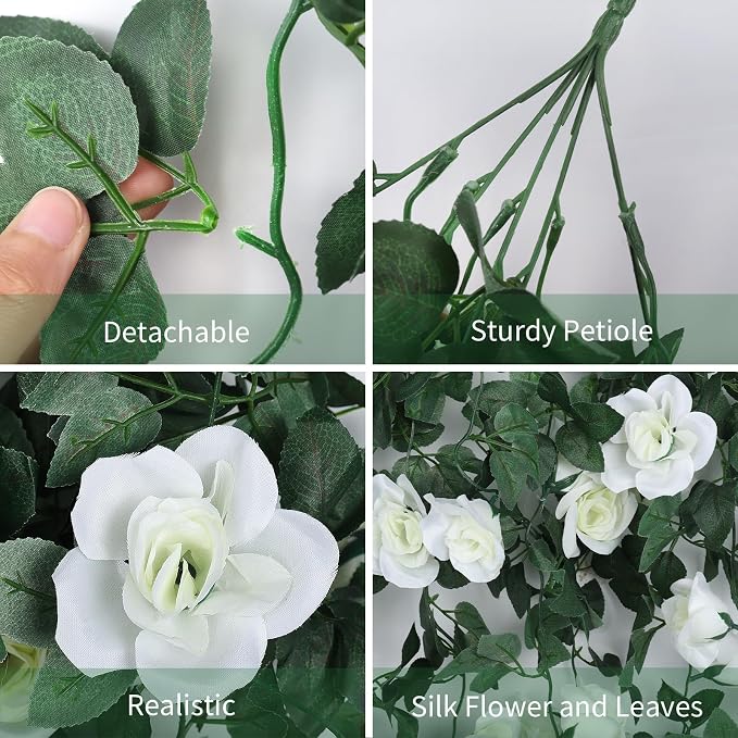 RECUTMS White Artificial Hanging Roses Flowers Plants, 2PCS 37 Inch Fake Silk Floral Ivy Garlands for Outdoors Home Room Garden Wedding Arch Arrangement Memorial Day Derby Day Indoor Party Decoration