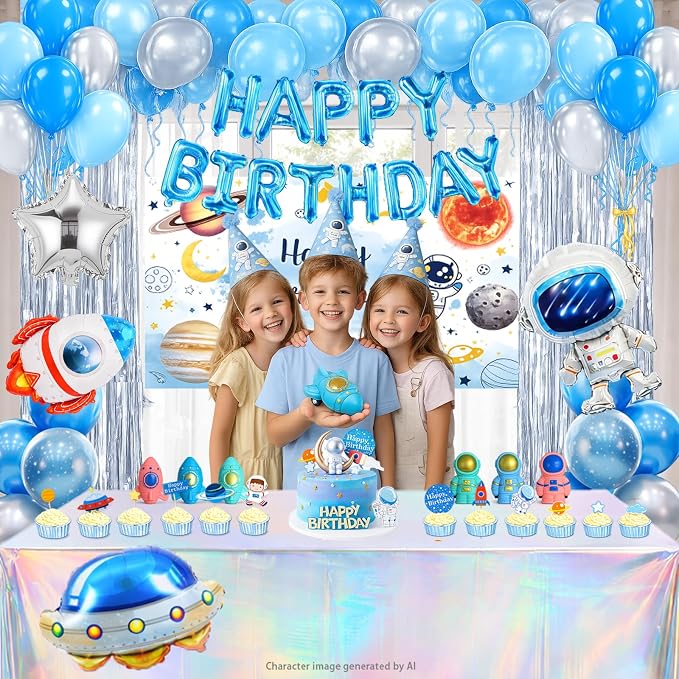 72Pcs Space Themed Party Decorations, Space Birthday Decor Set | Backdrop, foil balloons, rain curtains, tablecloth, toppers & pull-back vehicles