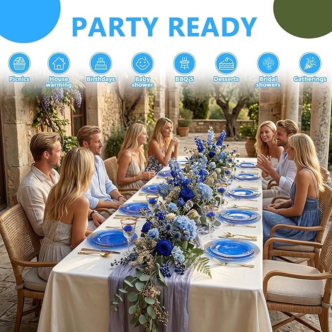 102PCS Blue Plastic Plates - Royal Gold Disposable Plates - Clear Blue Party Plate - Heavyweight Disposable Plate with Gold Rim - Fancy Dinner & Dessert Plates for 51 Guests Party Wedding
